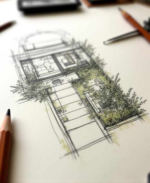 Dettaglio di uno schizzo a mano di un progetto di giardino, che mostra attenzione ai dettagli.