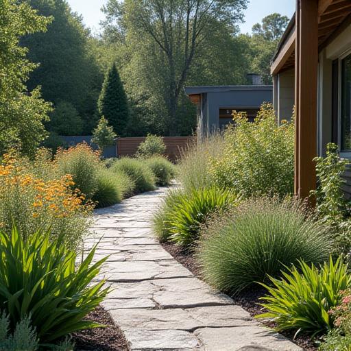 Un giardino con piante autoctone e un sistema di raccolta dell'acqua piovana.