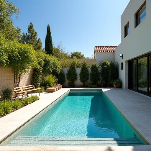 Giardino privato con piscina e design personalizzato.